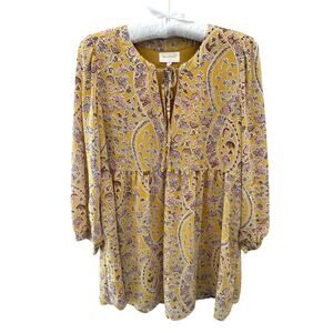 MELLODAY | Yellow Boho Floral Babydoll Peasant Blouse Top | Small